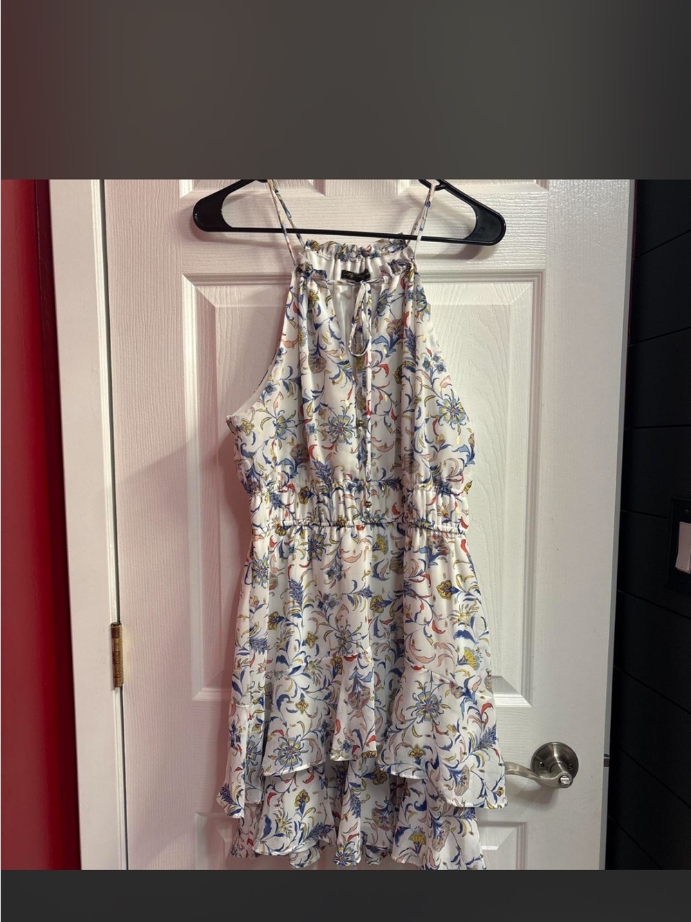 White Floral Halter Dress with Blue & Yellow Print